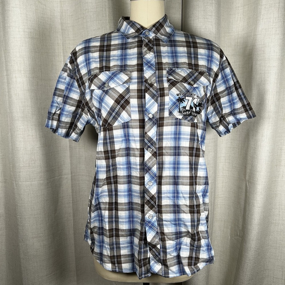 Disney Parks World Blue Check Plaid Pearl Snap Mens Medium Shirt Surf Tours 71